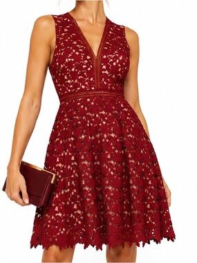 Atelier cocktail/party dress, lace, lined, Sz S-M, rich burgundy, fit and flare